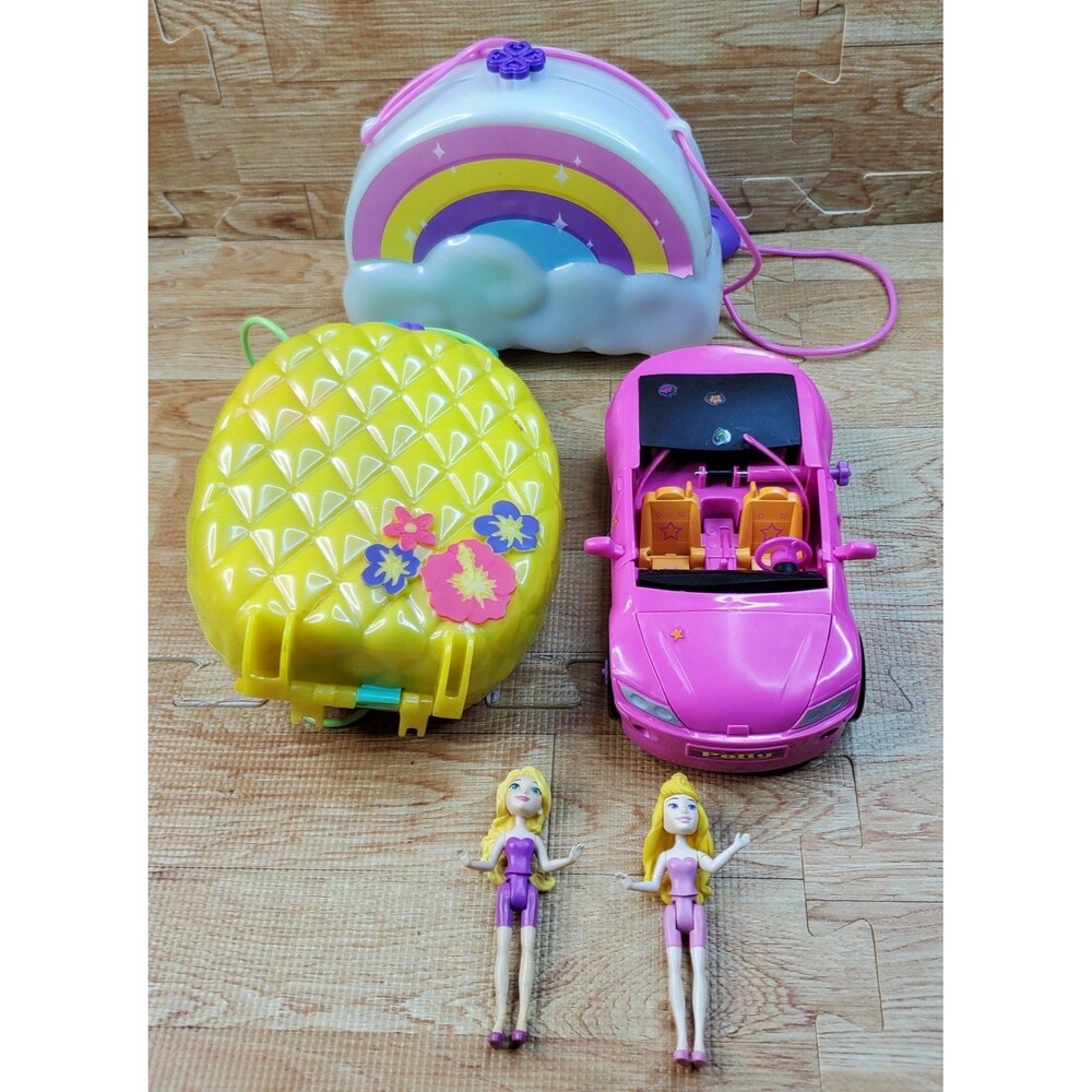 Polly Pocket Play Sets Pineapple Rainbow Pink Convertible Car Dolls Lot